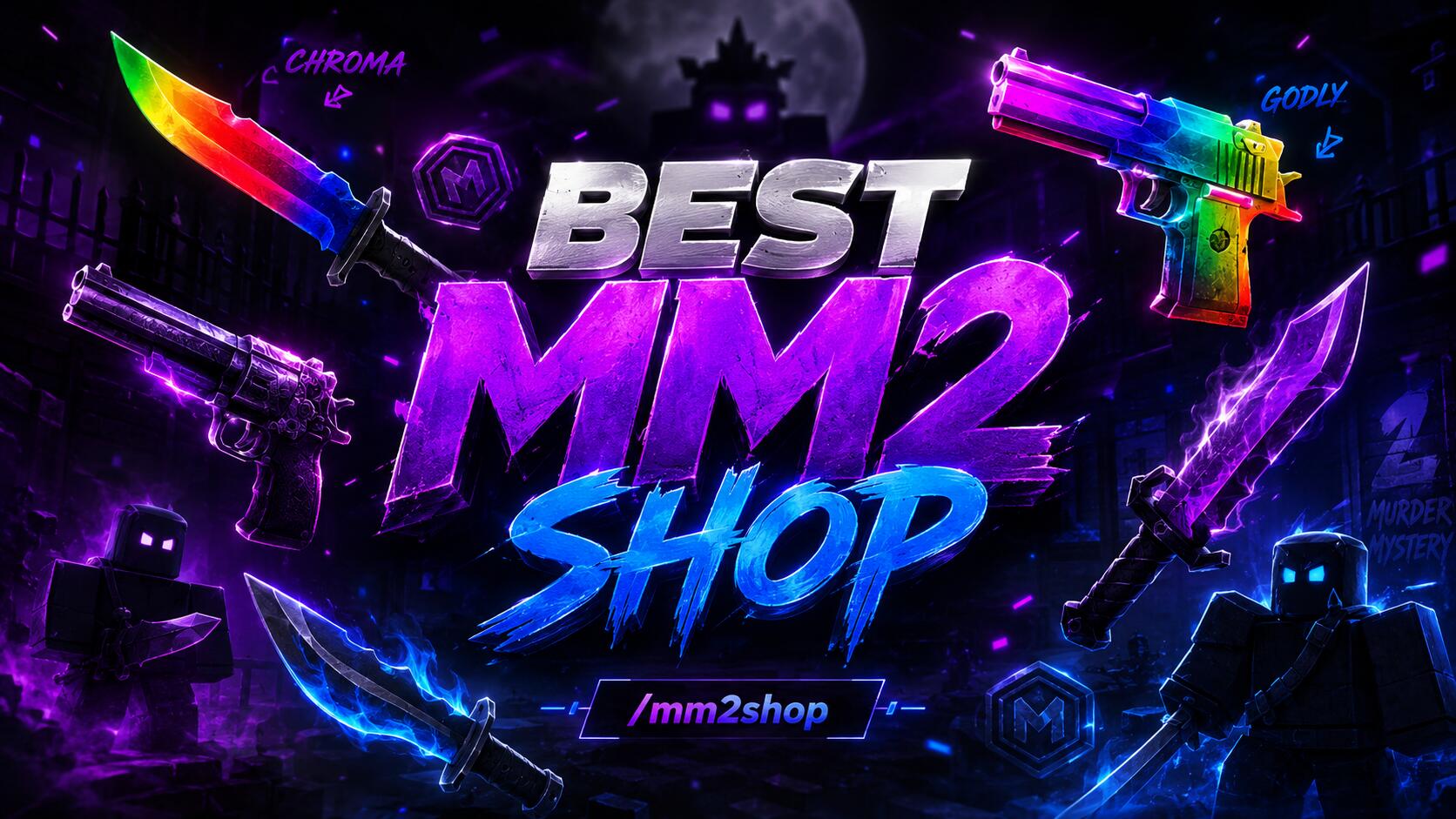 Discovery splash banner for Murder Mystery 2 Shop Discord server