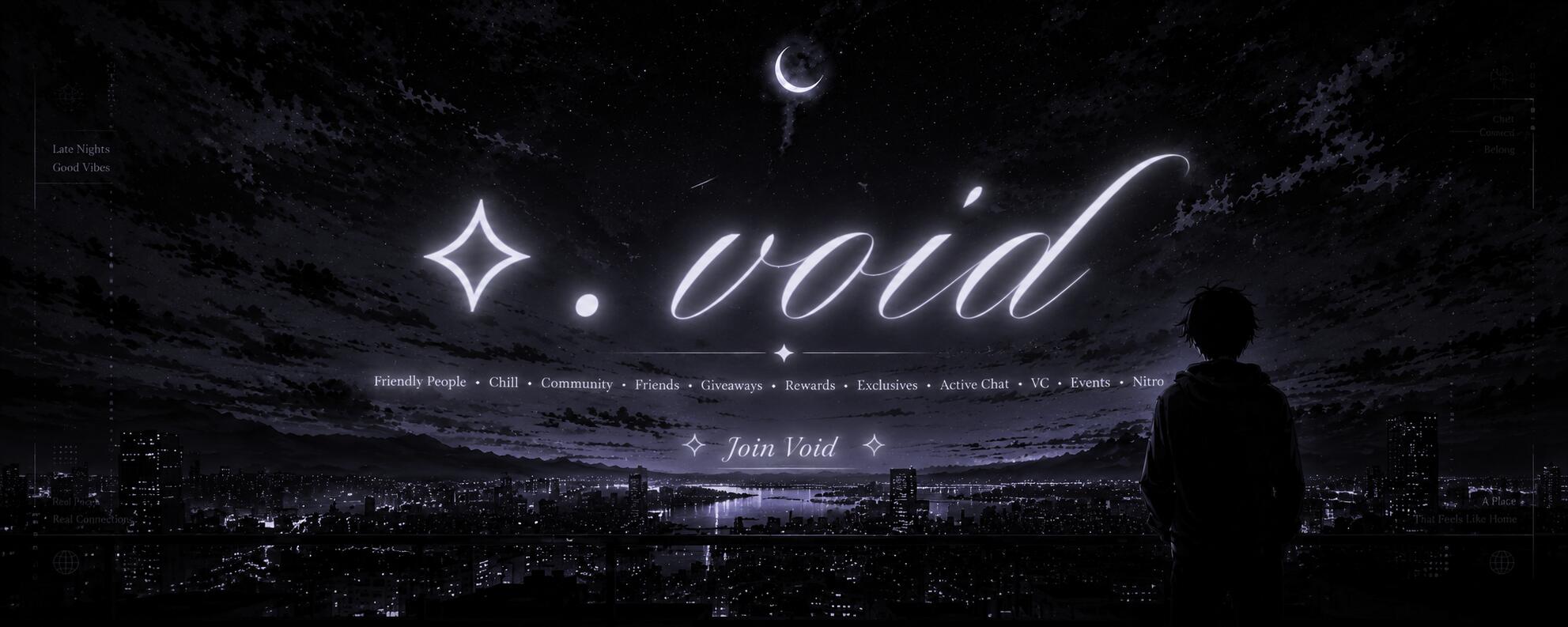 Discovery splash banner for ⟡﹒void | chill social server • anime • gaming • media • vc • giveaways • nitro • events Discord server