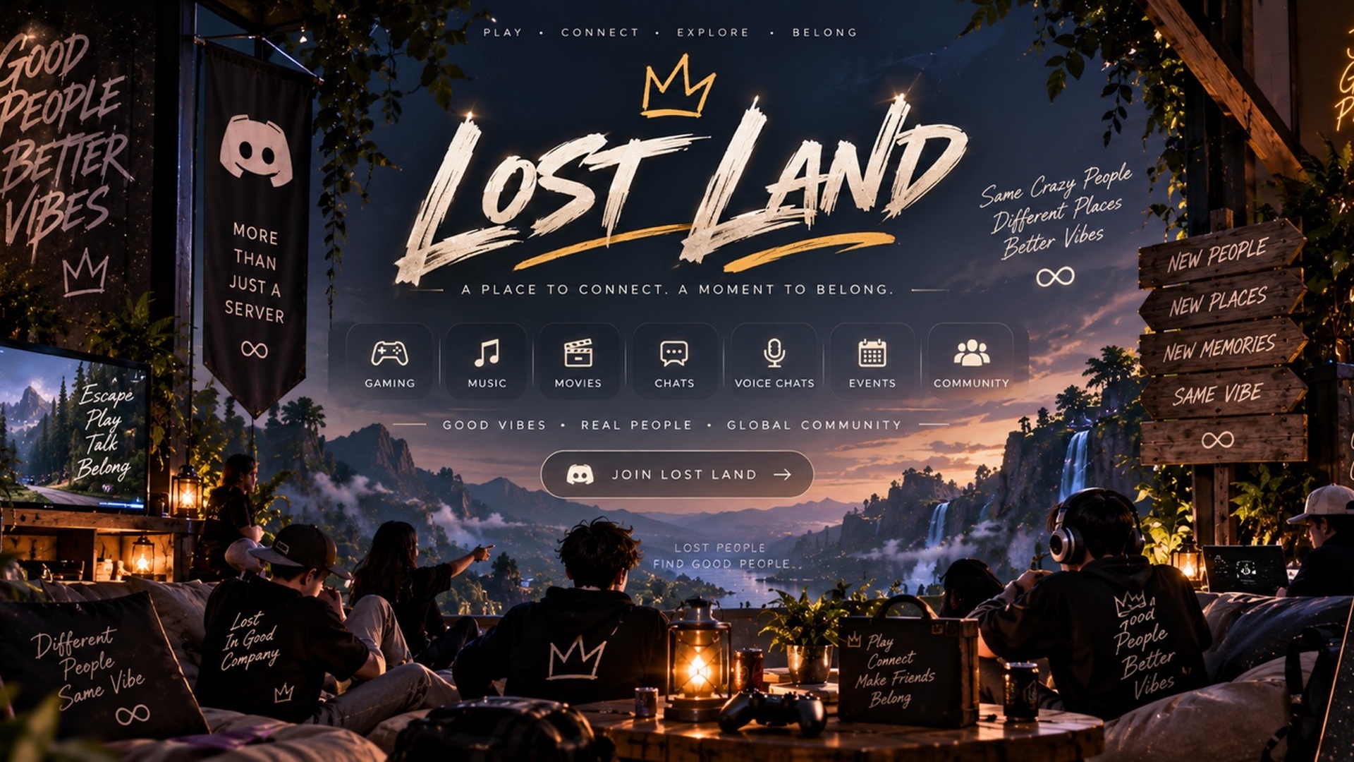 Discovery splash banner for Lostland ୨୧₊˚ Socialize • Gwys • Events • Pfp Anime • Games• Friendly Discord server