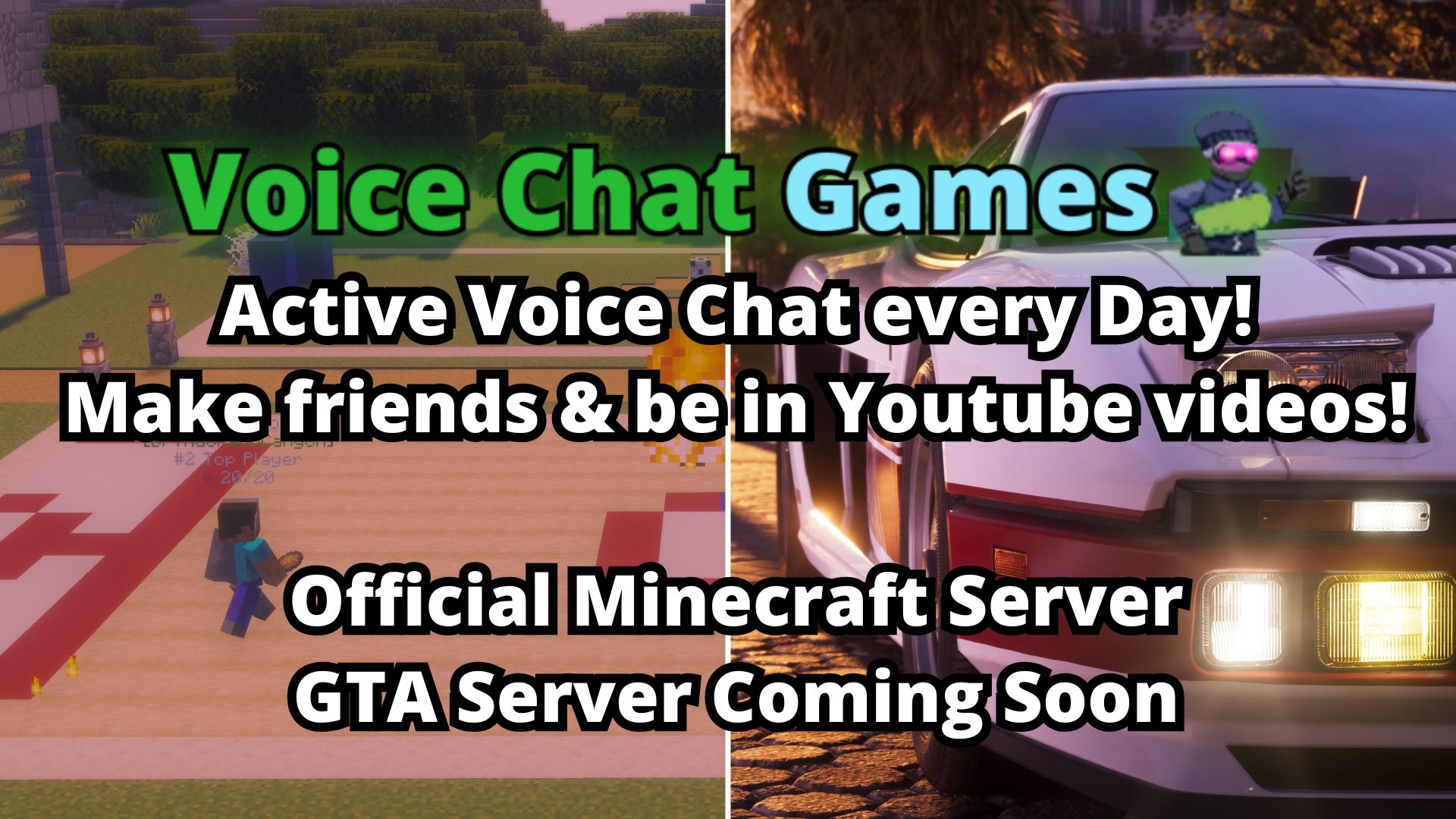 Discovery splash banner for Voice Chat Games | Minecraft and GTA Livestreams & Events Discord server